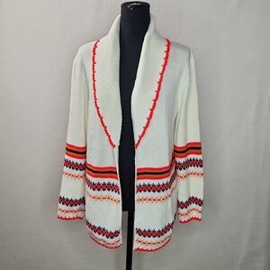 True Vintage 70s White Knit Cardigan Orange Striped Open Front Sweater Women’s S